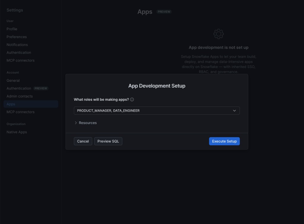 App Development Setup dialog with PRODUCT_MANAGER and DATA_ENGINEER selected under What roles will be making apps