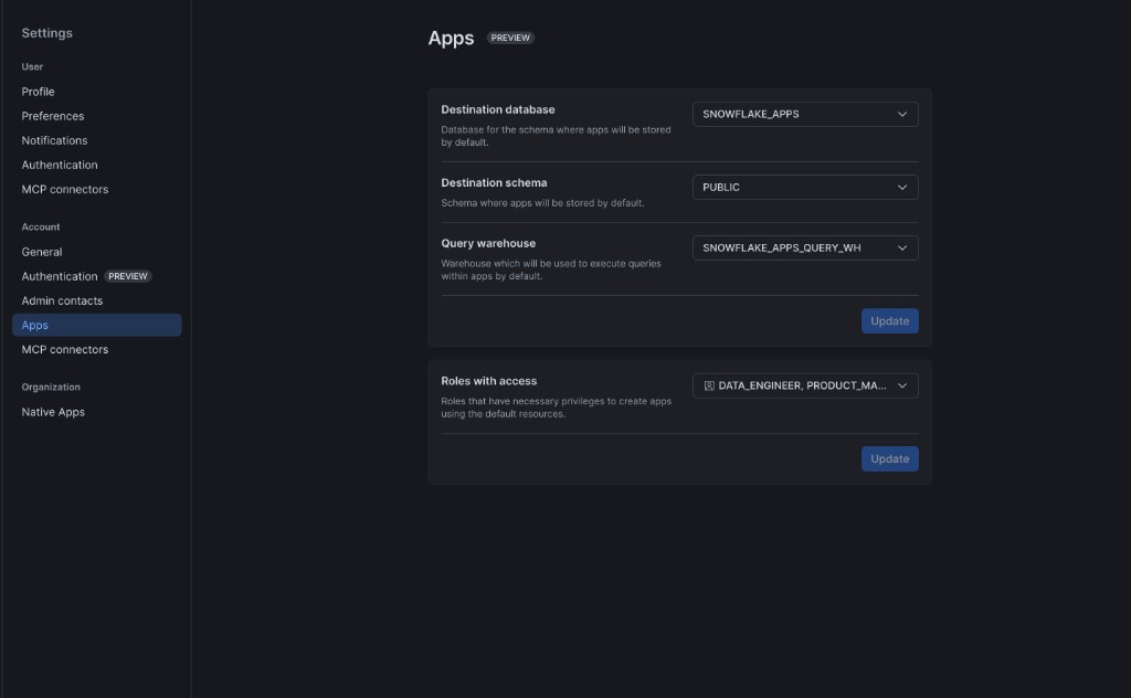 Apps settings after setup with destination database SNOWFLAKE_APPS, schema PUBLIC, warehouse SNOWFLAKE_APPS_QUERY_WH, and roles with access