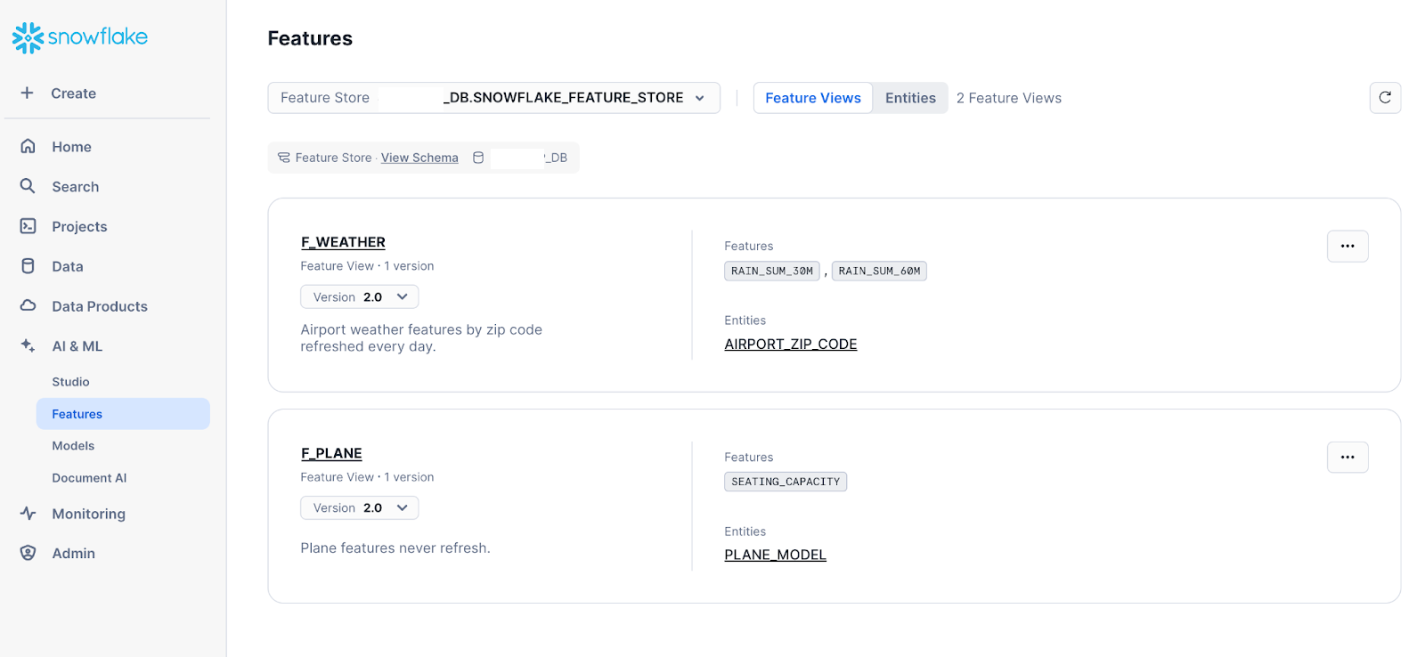 The feature views in the feature store: