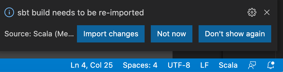 Dialog box prompting you to re-import the build.sbt file
