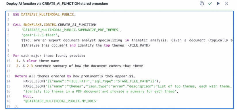 Snowsight worksheet showing the CREATE_AI_FUNCTION stored procedure call that registers the SUMMARIZE_PDF_THEMES function
