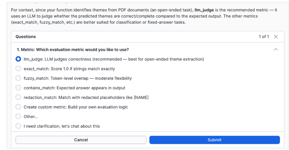 Cortex AI Function Studio Questions form showing evaluation metric options with llm_judge selected