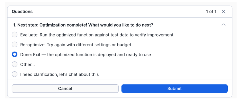 Cortex AI Function Studio Next step form after optimization completes with Done selected