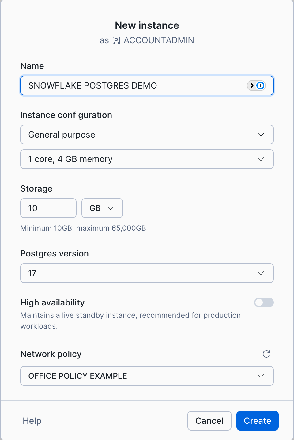 Create Snowflake Postgres with Network Policy