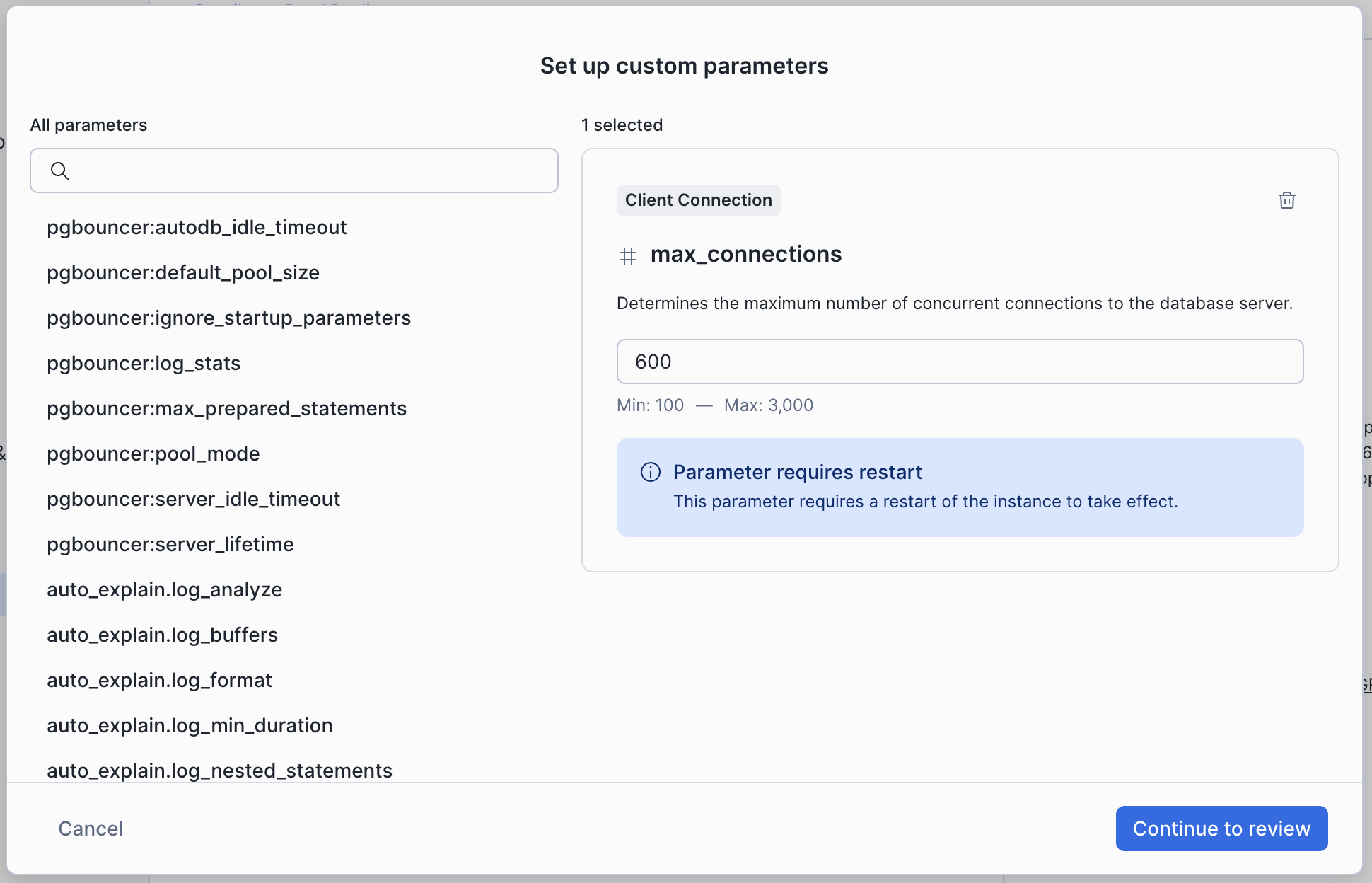 Example: changing the max_connections configuration parameter for a Snowflake Postgres instance