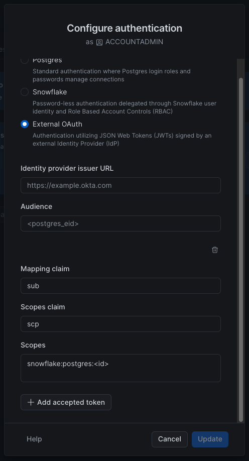 Configure authentication dialog for a Snowflake Postgres instance