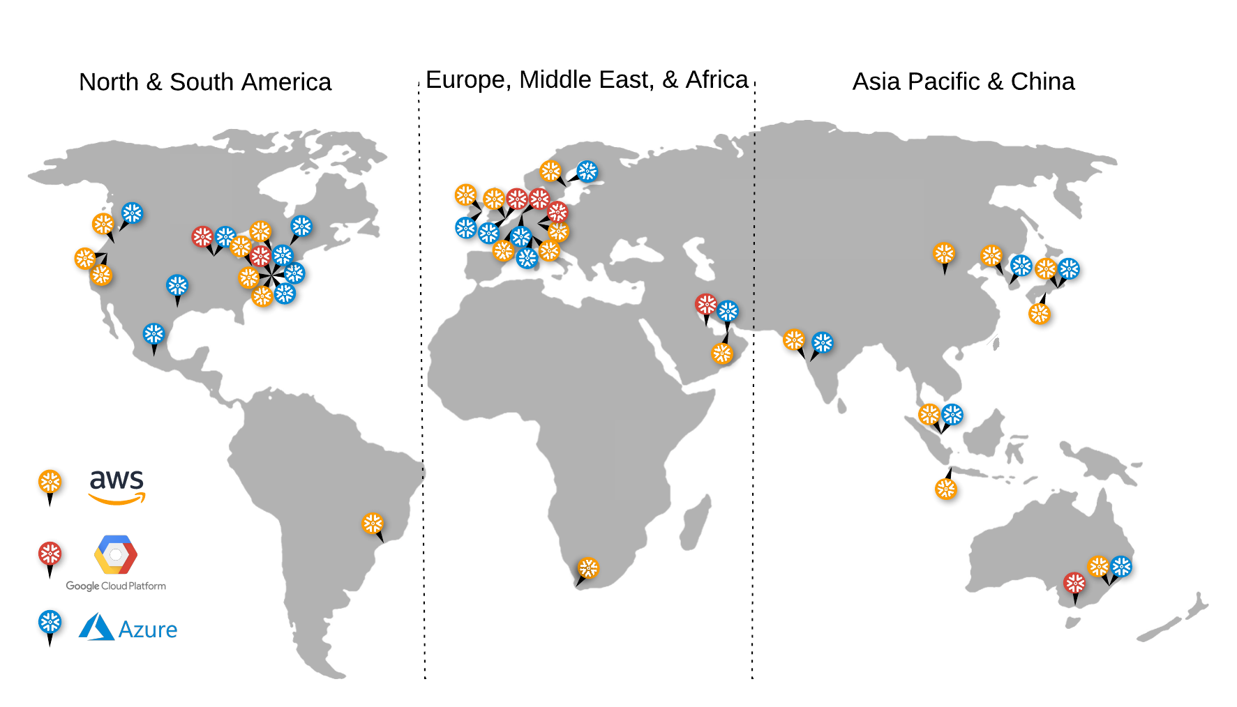 World map of cloud regions supported by Snowflake