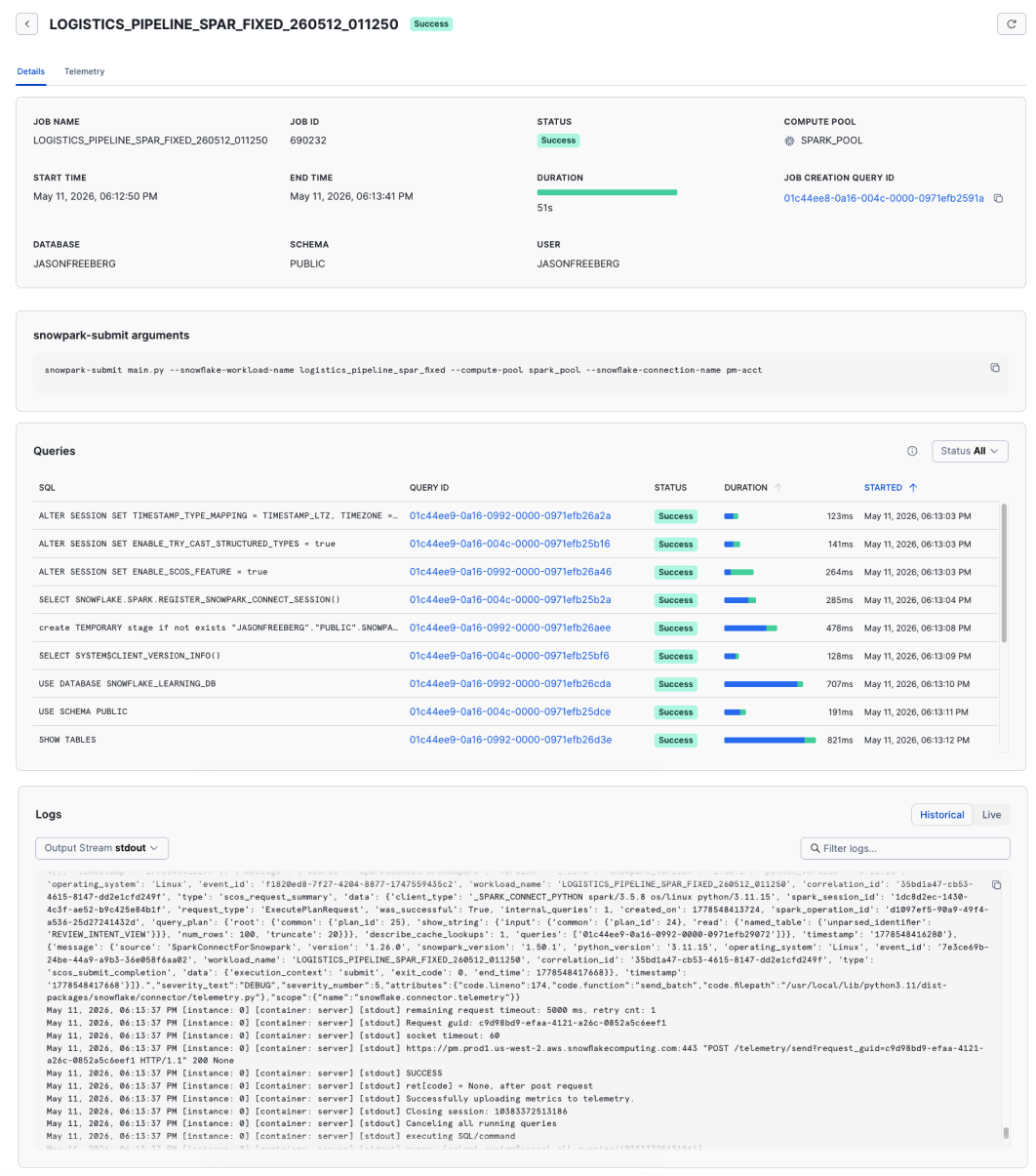 The details page for a batch job shows the status, duration, logs, and queries.