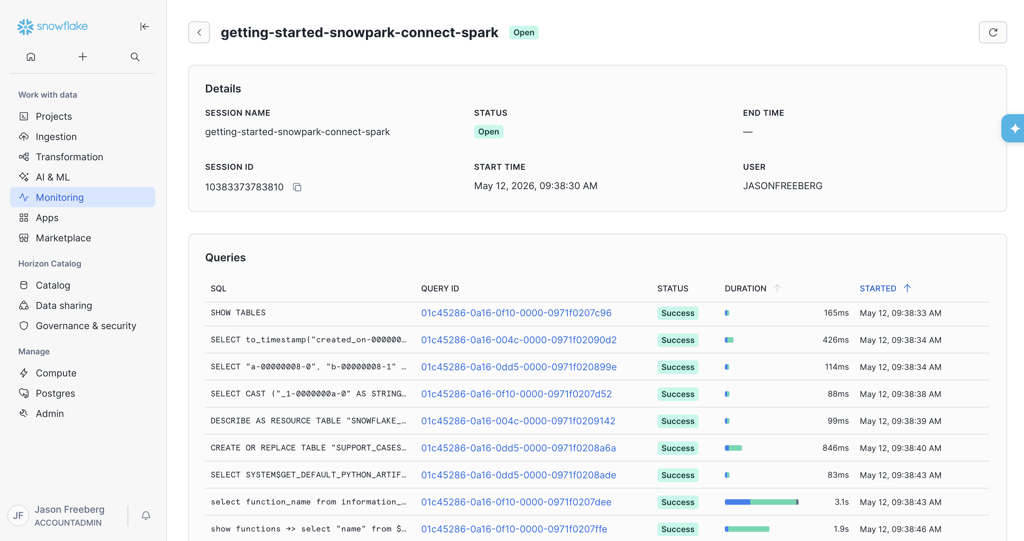 The Spark Session details page lists queries issued from the session.