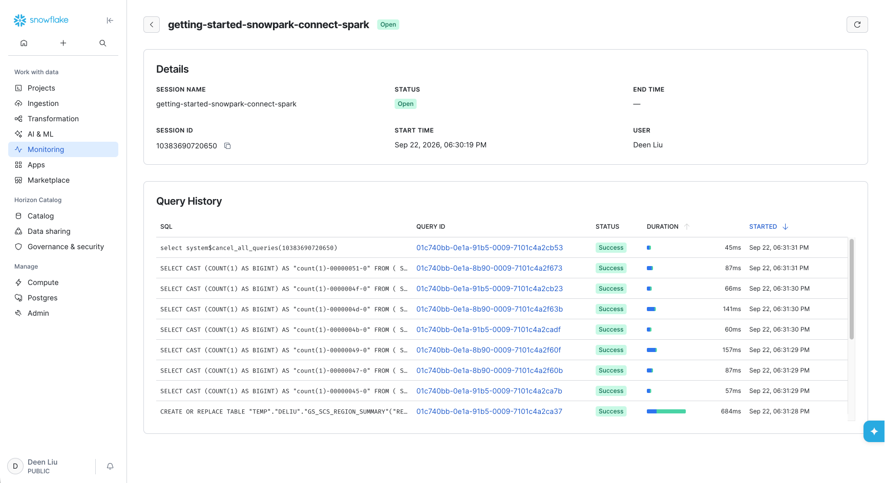 The Spark Session details page lists queries issued from the session.