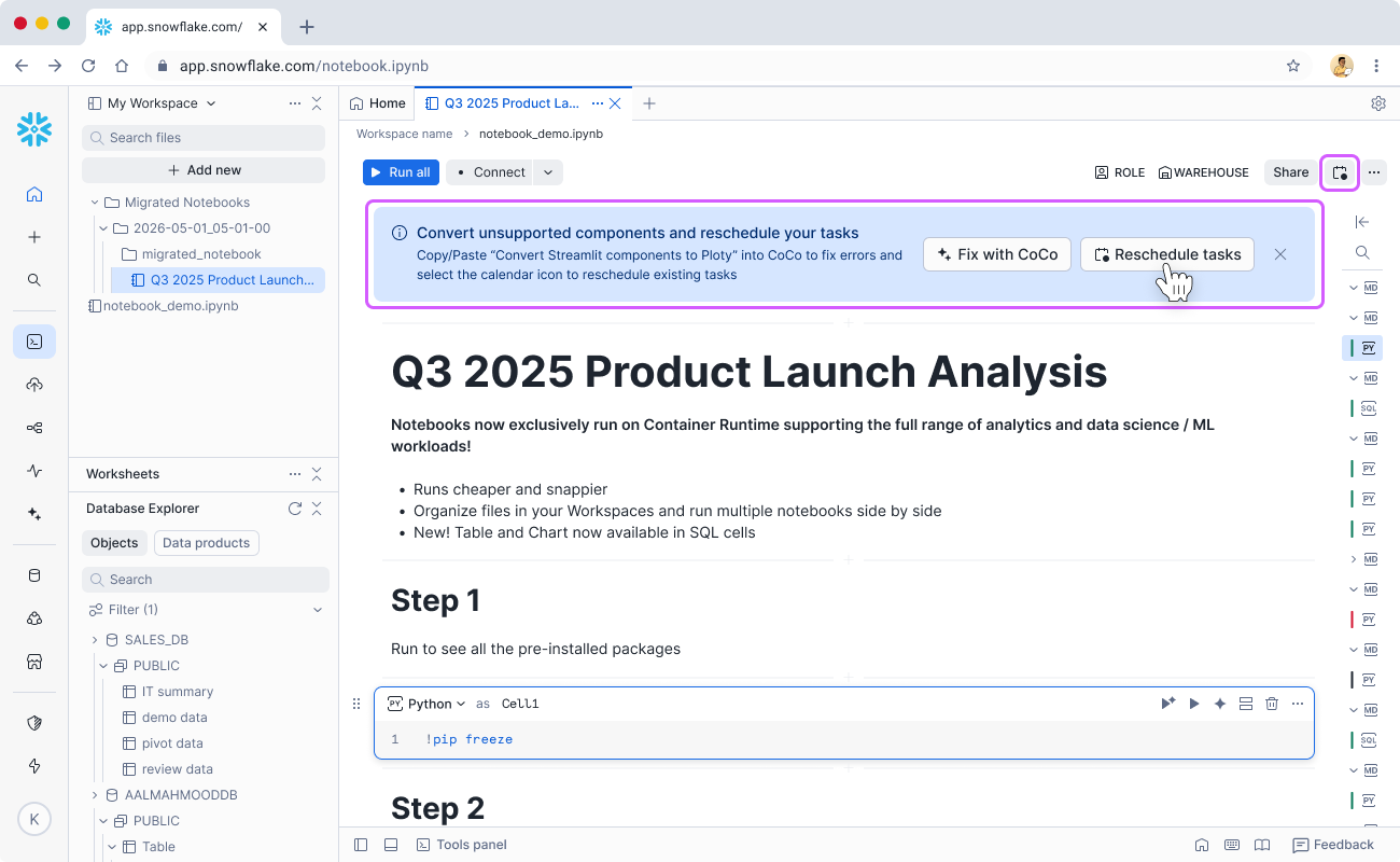 Migrated notebook with blue banner for converting components and rescheduling tasks, Reschedule tasks and Fix with CoCo buttons, and calendar icon in the top toolbar