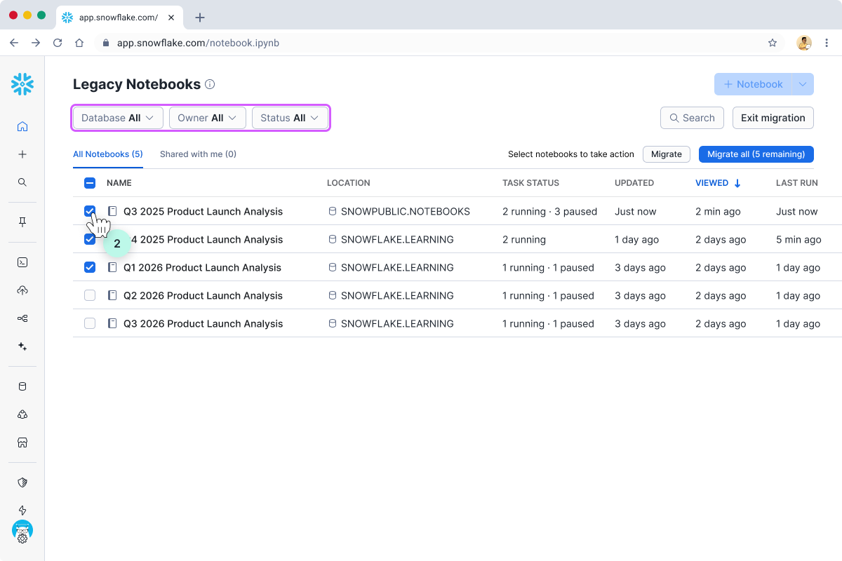 Legacy Notebooks list with Database, Owner, and Status filters and notebook checkboxes for migration