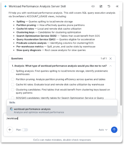 Cortex Code panel showing the workload-performance-analysis skill description and analysis type options