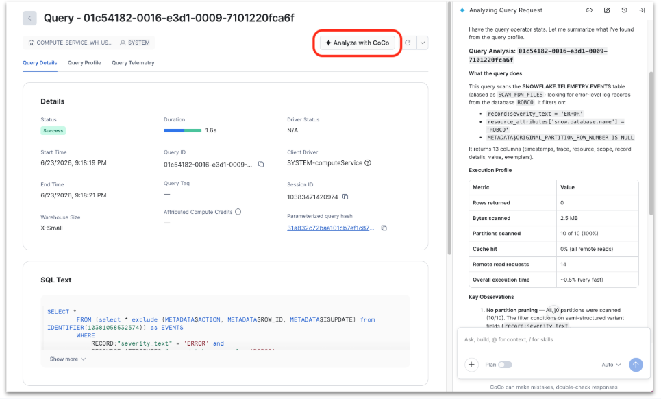Query Details page with Analyze with CoCo selected and Cortex Code summarizing query profile metrics such as partitions scanned and cache hit rate