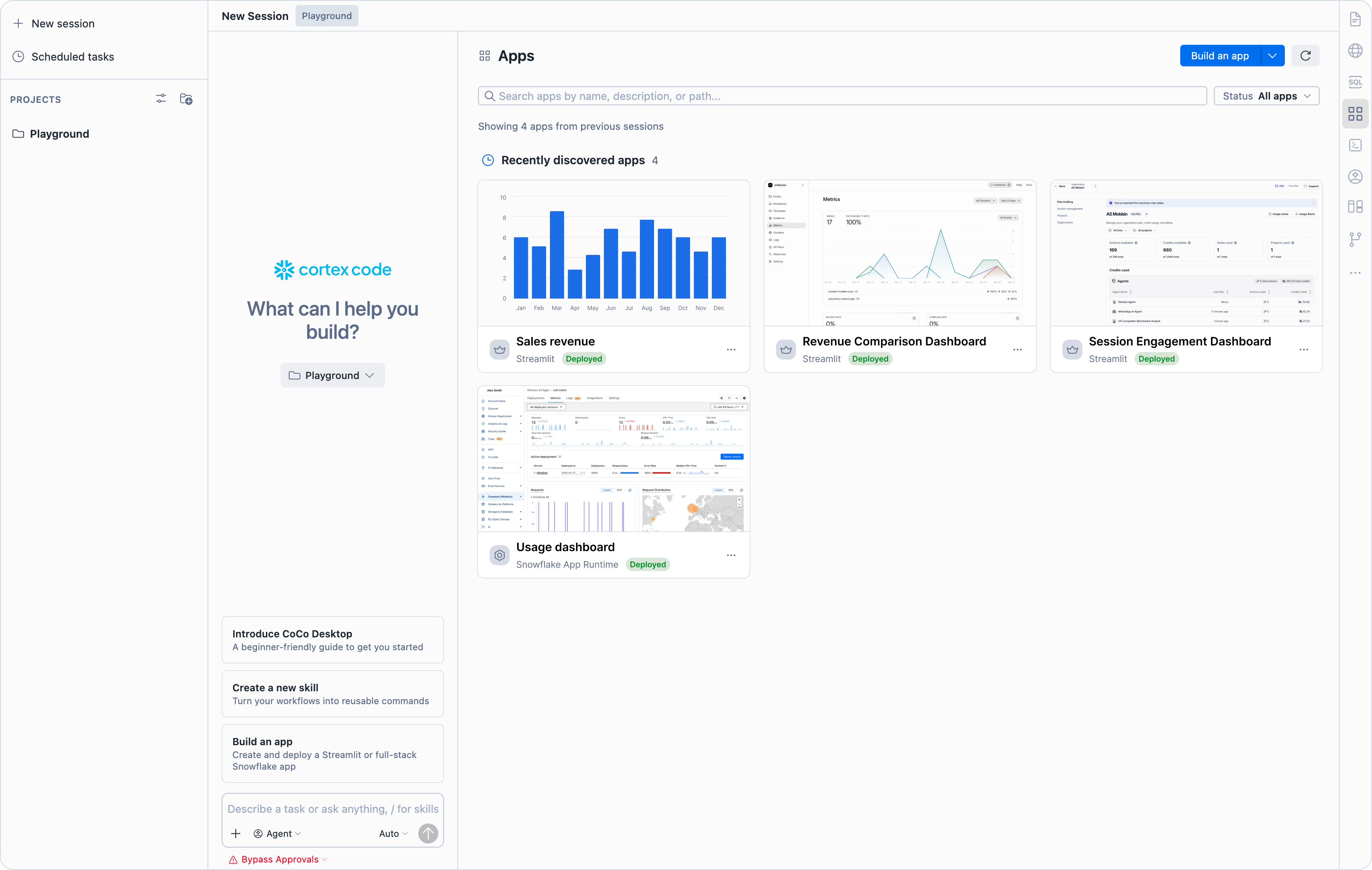 The Apps view in Cortex Code Desktop showing local and deployed applications
