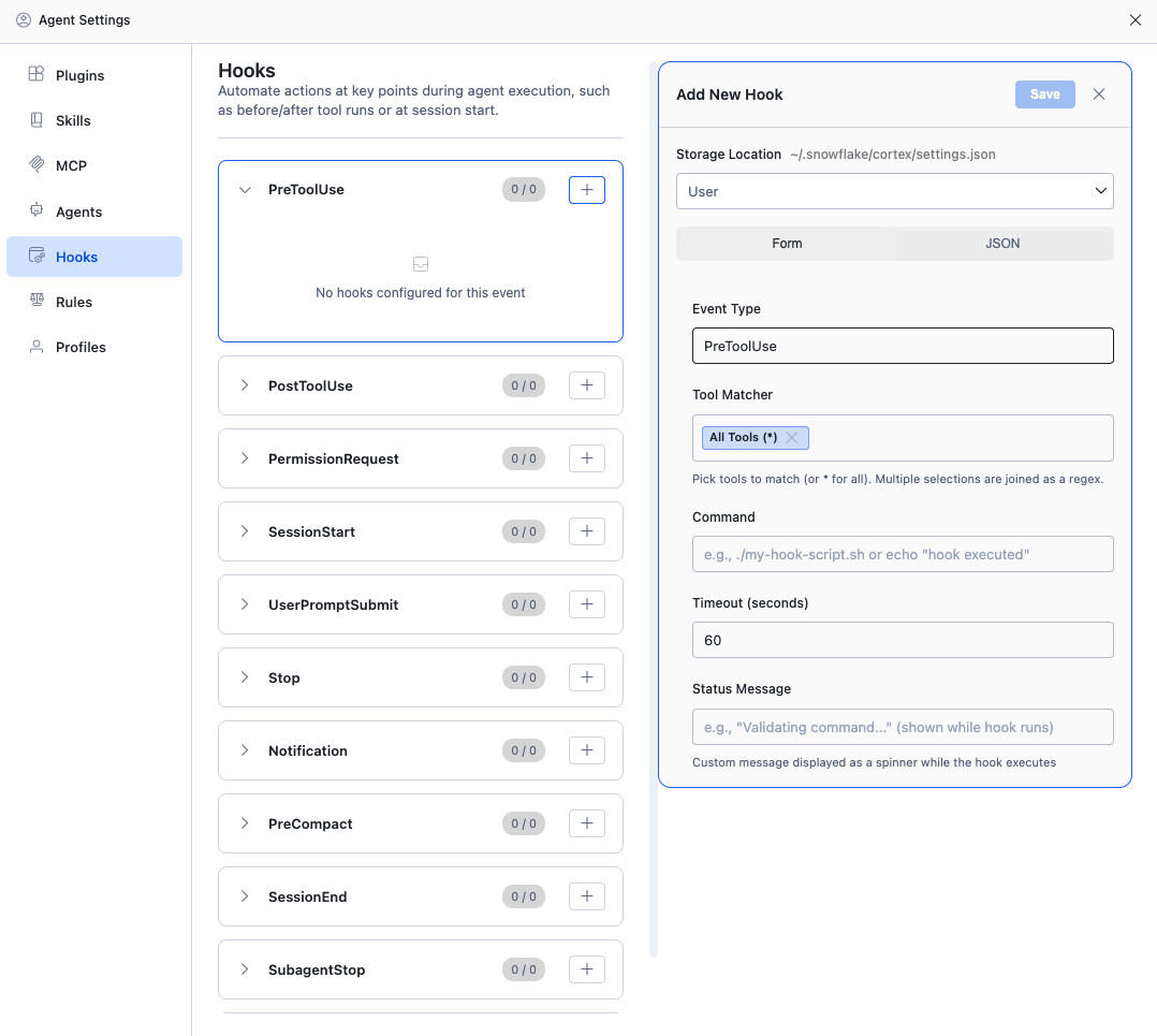 Hooks panel in Agent Settings showing event types and the Add New Hook form