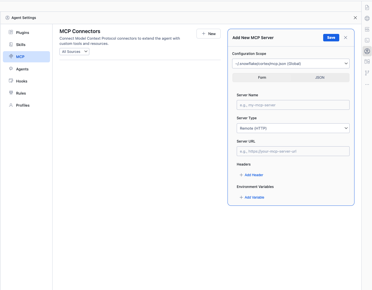 MCP Connectors panel in Agent Settings showing the list of configured servers and the Add New MCP Server form