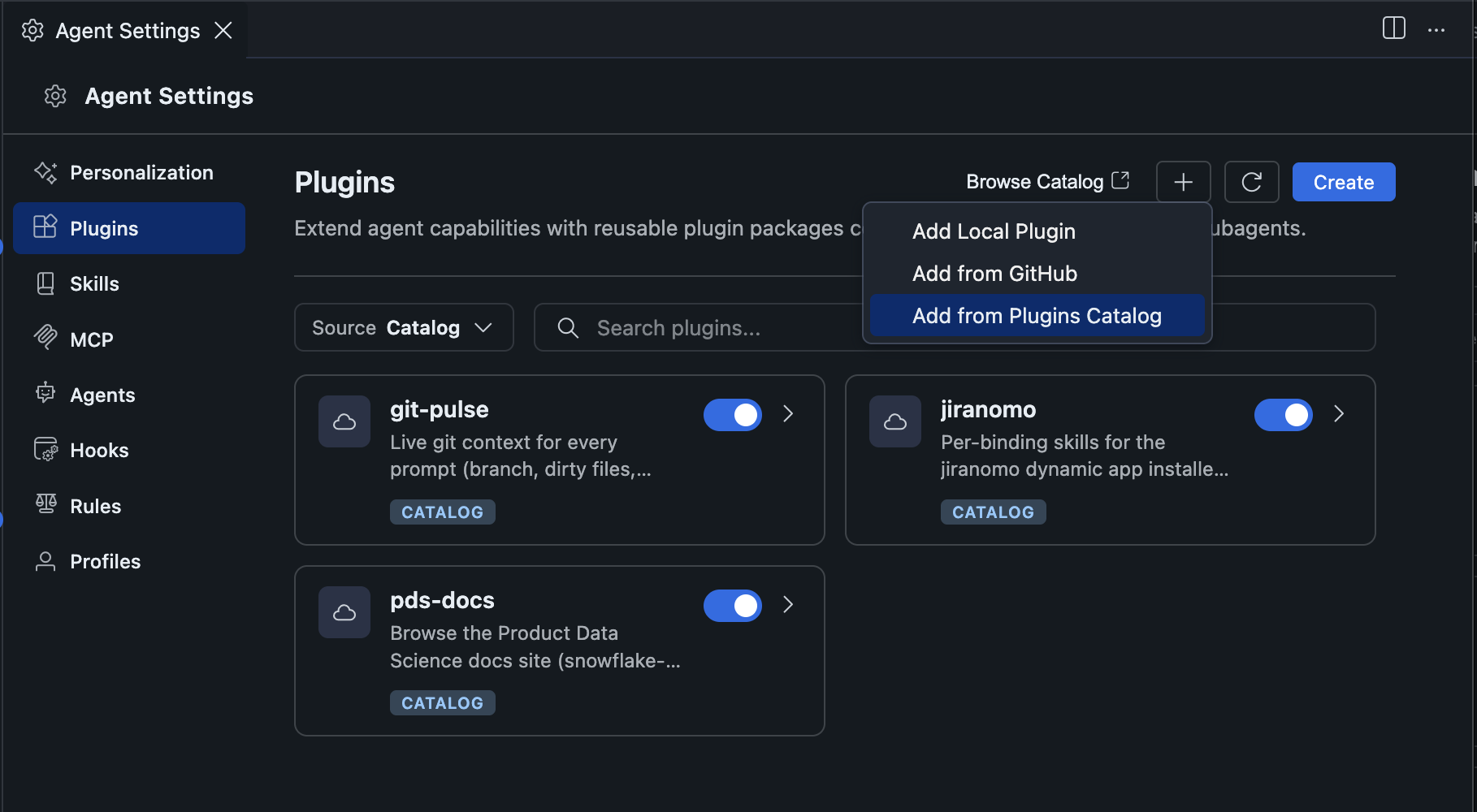 Import dropdown showing the Add from Plugins Catalog option