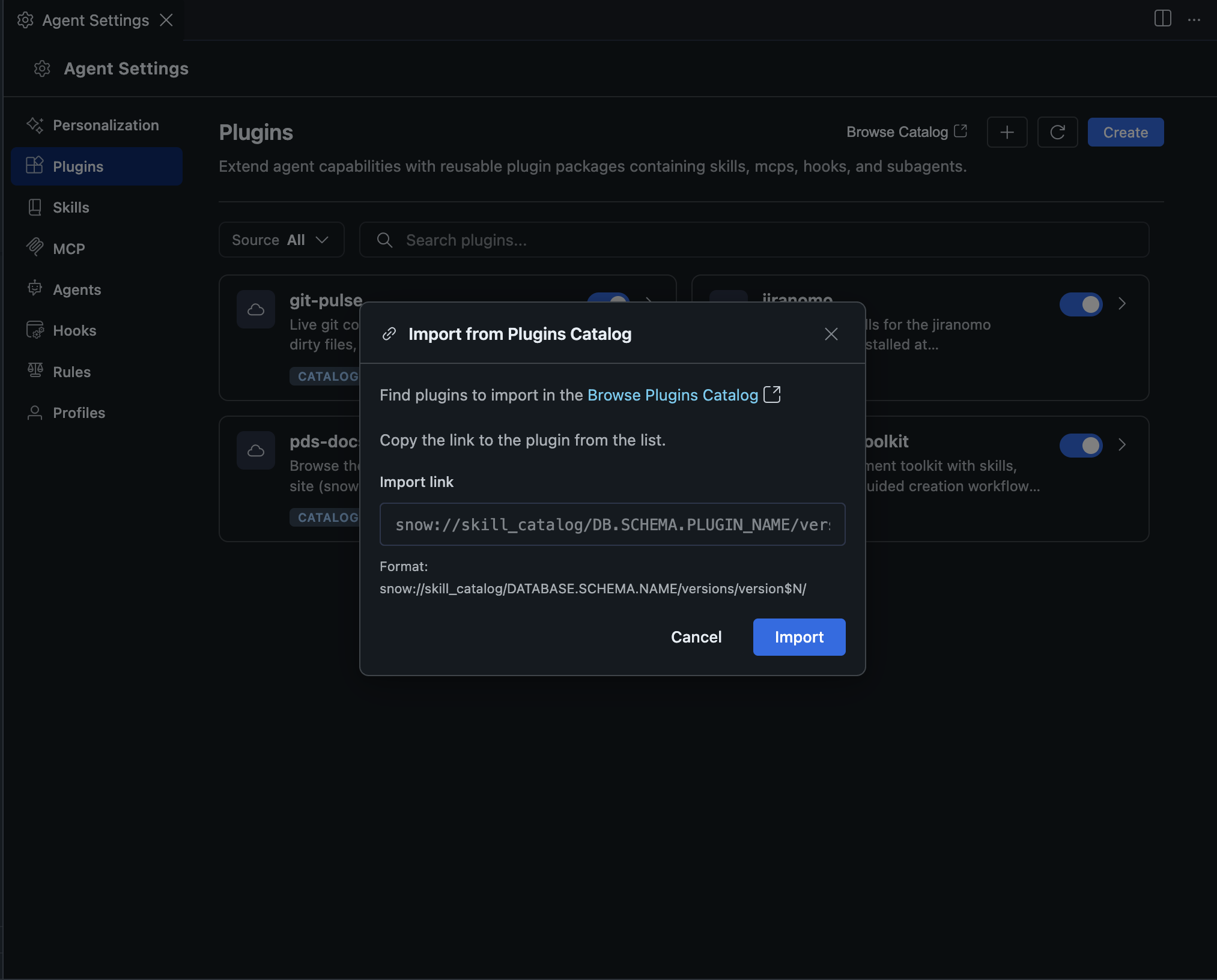 Import Plugin dialog with a snow:// URI pasted in