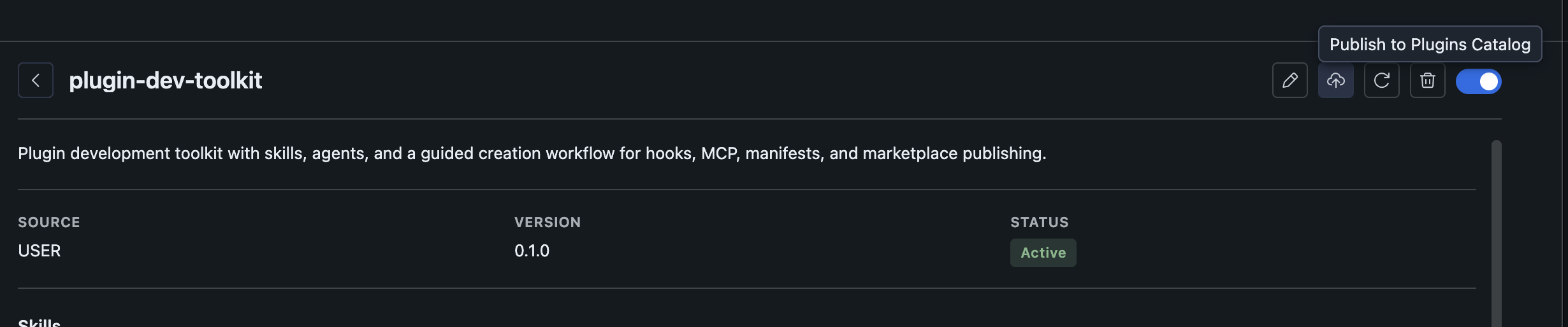 Publish to Plugins Catalog button on the plugin detail page
