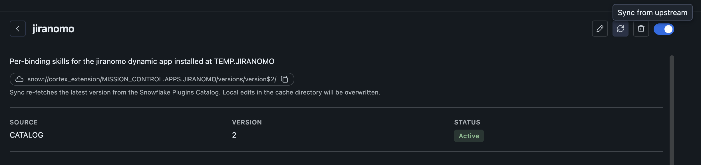 Sync button and upstream URI pill on the plugin detail page