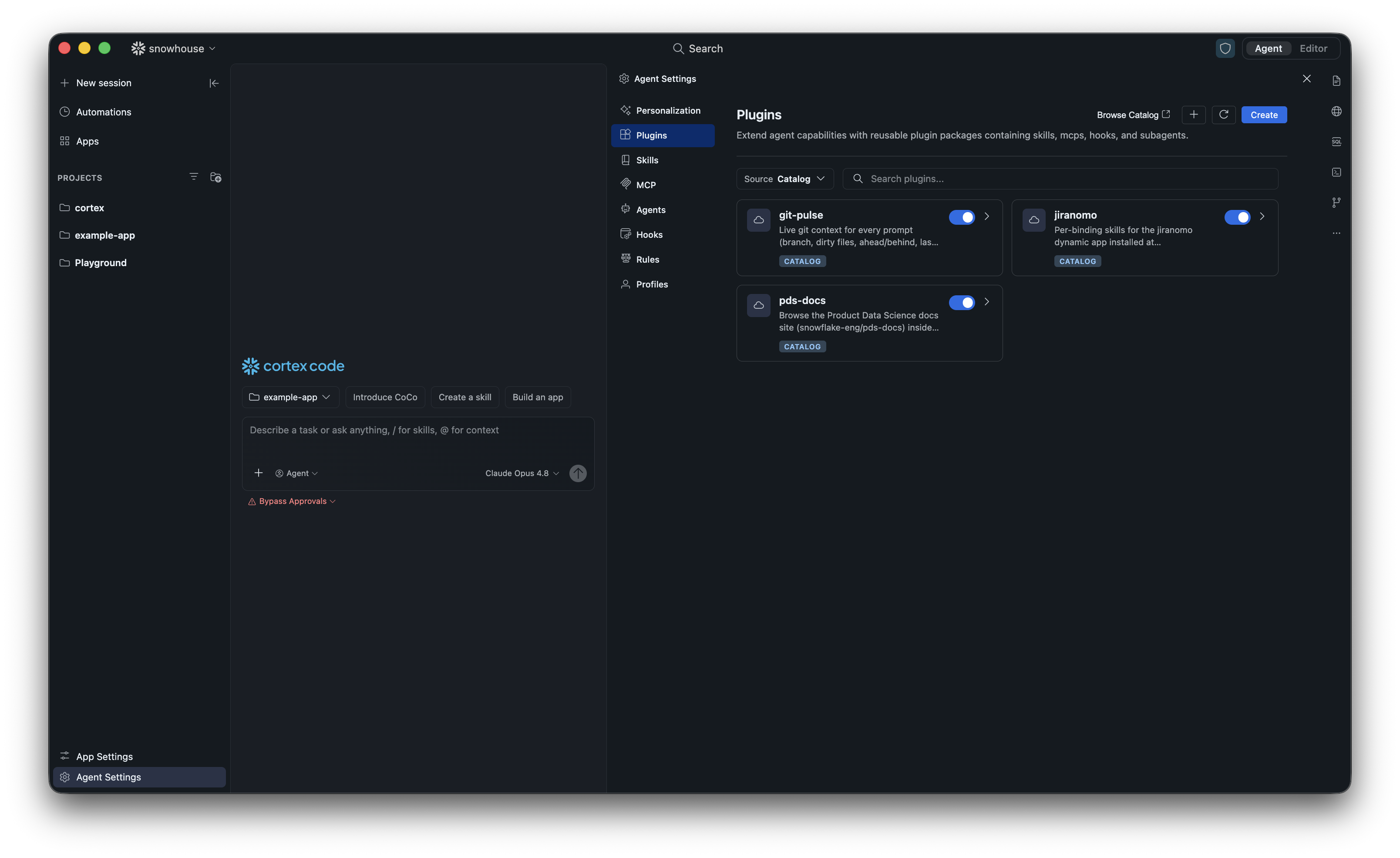 Agent Settings panel with the Plugins category selected, showing plugin cards with CATALOG badges and source filter