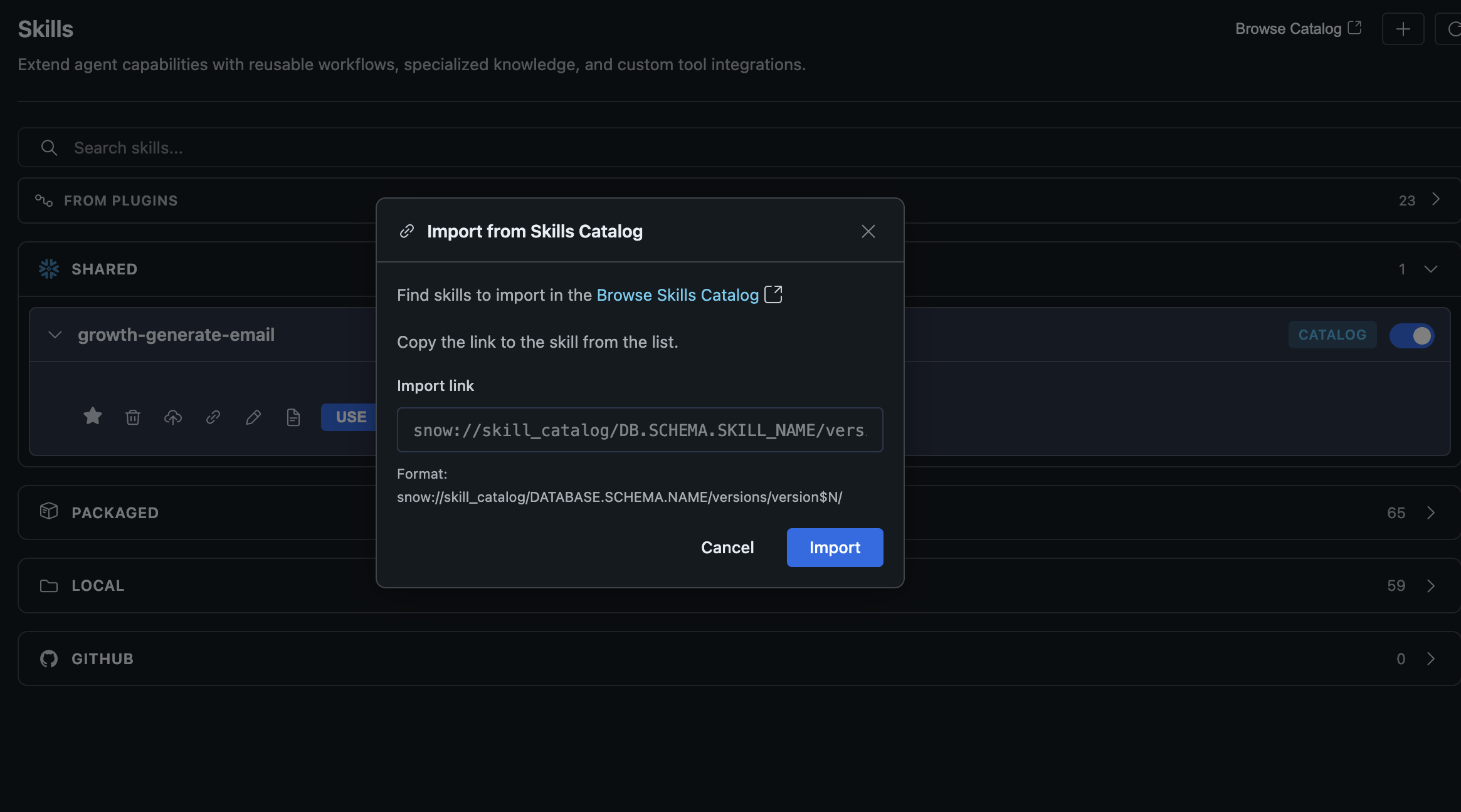 Import Skill dialog with a snow:// URI pasted in