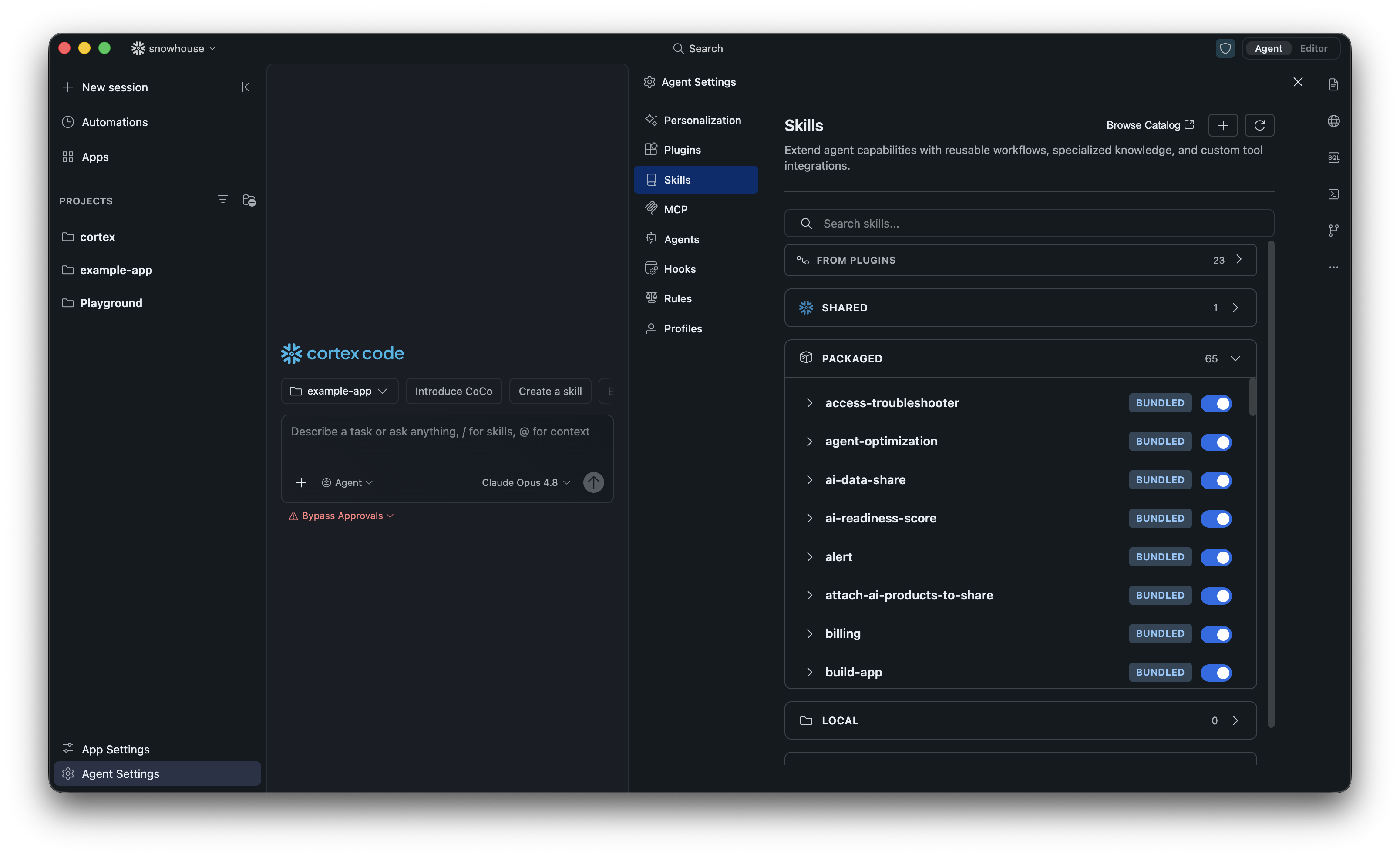 Agent Settings panel with the Skills category selected, showing collapsible source sections and a search box